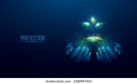 Two human hands are holds green sprout. Glowing low poly hands and plant on dark blue background. Wireframe low poly design. Abstract futuristic vector illustration.  