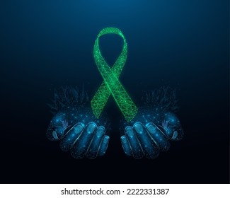 Two Human Hands Are Holds Green Ribbon Awareness. Bipolar Disorder, Adrenal Cancer, Depression, Glaucoma, Mental Health Awareness Month Concept. Abstract Vector Illustration.