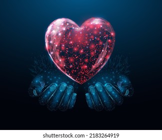 Two human hands are holds heart. Wireframe glowing low poly heart. Design on dark blue background. Abstract futuristic vector illustration.    