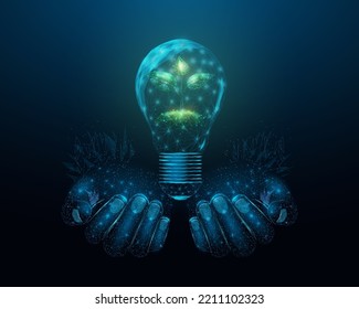 Zwei menschliche Hände sind Glühbirnen mit einer Pflanze. Energiesparen, ökologisches Konzept mit glühender Low-Poly-Pflanze in Glühbirne. Futuristische, moderne, abstrakte Hintergrund. Vektorgrafik