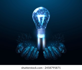 Two human hands are holds lightbulb launch, wireframe polygonal style. Internet technology network, business startup concept with glowing low poly rocket. Futuristic modern abstract background. Vector
