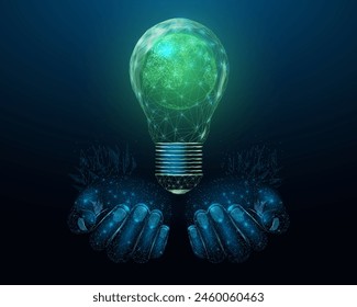 Two human hands are holds lightbulb. Saving energy ecology concept with glowing low poly bulb. Futuristic modern abstract background. Vector illustration