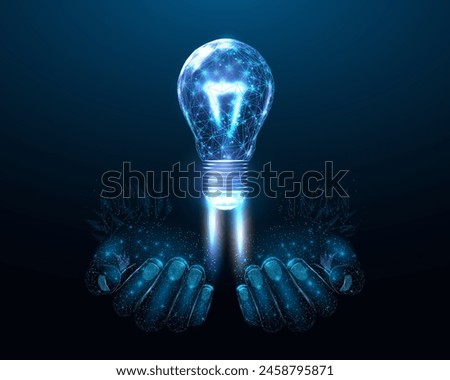 Two human hands are holds lightbulb launch, wireframe polygonal style. Internet technology network, business startup concept with glowing low poly rocket. Futuristic modern abstract background. Vector