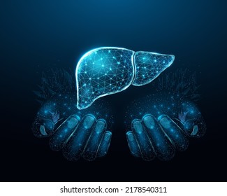 Two human hands are holds human liver. Support healthy liver concept. Wireframe glowing low poly design on dark blue background. Abstract futuristic vector illustration.    