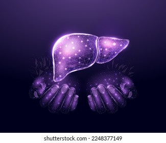 Two human hands are holds human liver. Support healthy liver concept. Wireframe glowing low poly design on dark blue background. Abstract futuristic vector illustration  