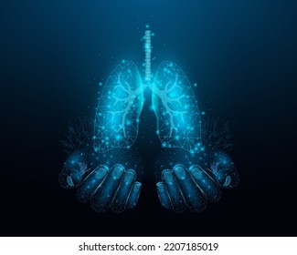 Two Human Hands Are Holds Human Lungs. Support Healthy Lungs Concept. Wireframe Glowing Low Poly Design On Dark Blue Background. Abstract Futuristic Vector Illustration.