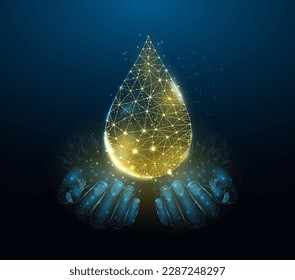 Two human hands are holds oil drop. Wireframe glowing low poly design on dark blue background. Abstract futuristic vector illustration.    