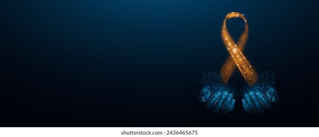 Dos manos humanas sostienen la conciencia de la cinta naranja. Concepto de mes de conciencia de leucemia. Ilustración abstracta del vector sobre fondo azul oscuro.    