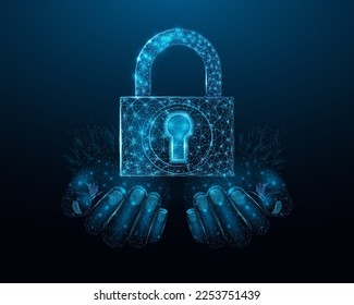 Two human hands are holds padlock. Wireframe glowing low poly lock. Internet technology network, business idea concept. Design on dark blue background. Abstract futuristic vector illustration.    