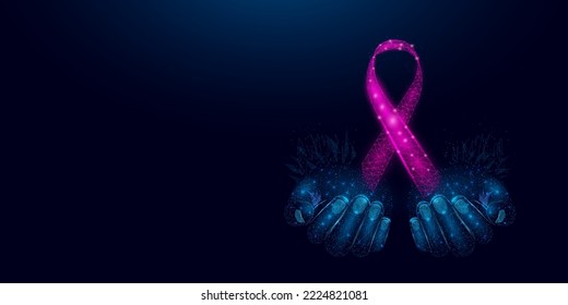 Dos manos humanas mantienen la conciencia de la cinta rosa. Concepto del mes de concienciación sobre el cáncer de mama. Ilustración vector abstracta sobre fondo azul oscuro.    