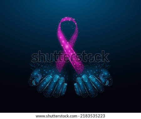 Two human hands are holds pink ribbon awareness. Breast Cancer awareness month concept. Abstract vector illustration on dark blue background.    