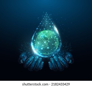 Two human hands are holds Planet Earth in water drop. World water day, Protection environmental, Ecology concept. 
Wireframe low poly style,  isolated on dark blue background. Vector illustration. 