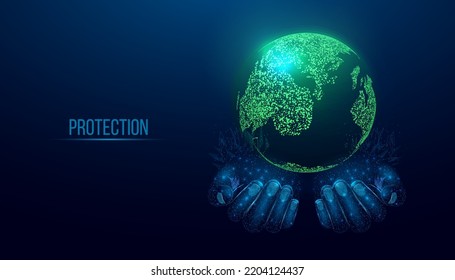 Two human hands are holds Planet Earth. Earth Day, Protection environmental, Ecology concept.  Futuristic modern abstract background. Vector illustration.