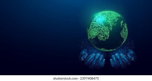 Two human hands are holds Planet Earth. Earth Day, Protection environmental, Ecology concept.  Futuristic modern abstract background. Vector illustration.