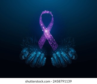 Two human hands are holds purple ribbon awareness. Wireframe glowing low poly. Bladder cancer, Alzheimers, Cystic Fibrosis, Lupus, Epilepsy, Domestic Violence concept