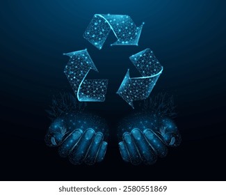 Two human hands are holds recycling sign, glowing blue lowpoly wireframe on a dark background. Vector illustration design concept of Environment day.