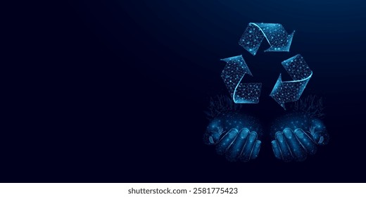 Two human hands are holds recycling sign, glowing blue lowpoly wireframe on a dark background. Vector illustration design concept of Environment day.