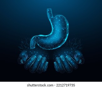 Two human hands are holds human stomach. Concept for medical, treatment of the digestive system.  Abstract modern 3d vector illustration on dark blue background. 