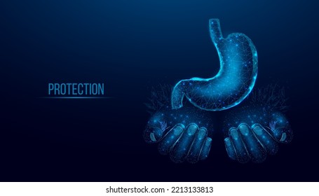 Two human hands are holds human stomach. Concept for medical, treatment of the digestive system.  Abstract modern 3d vector illustration on dark blue background. 