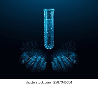 Two human hands are holds Test tube, glowing blue lowpoly wireframe glass flask on a dark background. Vector illustration design concept for medical industry and chemical laboratory.