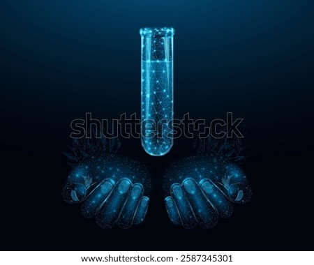 Two human hands are holds Test tube, glowing blue lowpoly wireframe glass flask on a dark background. Vector illustration design concept for medical industry and chemical laboratory.