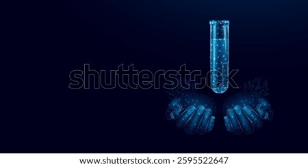 Two human hands are holds test tube, glowing blue lowpoly wireframe glass flask on a dark background. Vector illustration design concept for medical industry and chemical laboratory.