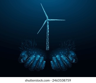 Two human hands are holds wind Generation Turbine. Renewable alternative energy concept with glowing low poly windmill on dark blue background. Wireframe low poly design. Abstract futuristic vector 