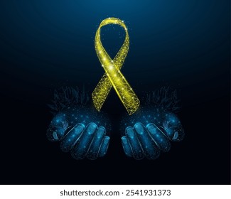 Two human hands are holds yellow ribbon awareness. Adenosarcoma, Bladder Cancer, Bone Cancer, Endometriosis, Sarcoma, Spina Bifida, Suicide awareness month concept. Abstract vector