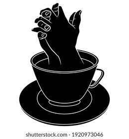 two human hands with intertwined fingers emerging from cup of tea or coffee. Creative beverage concept. Black and white silhouette.