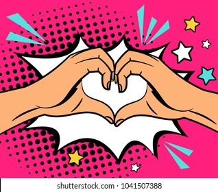 Two Human Hands Making Heart Sign, Pop Art Style Vector Illustration