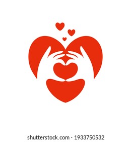 Two Human Hands Making Heart Sign. Fingers Showing Gesture Of Love. Sticker With Red Hearts. Self Care, Love Yourself, Acceptance Concept. Charity, Volunteer Work. Valentines Day Vector Illustration