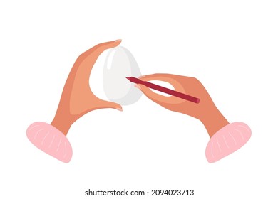 Two human hands, one holding egg, other holding marker. Person's gonna paint egg. Easter preparations. Tradition of painting eggs for Easter. Flat vector illustration. Empty egg surface, copy space.