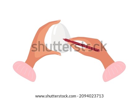 Two human hands, one holding egg, other holding marker. Person's gonna paint egg. Easter preparations. Tradition of painting eggs for Easter. Flat vector illustration. Empty egg surface, copy space.