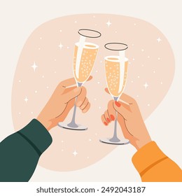 Two Human Hands - One Male and One Female - Clink Glasses of Sparkling Wine. Two People Holding Wine Glasses. Characters Celebrating Holidays. Party Concept. Flat Cartoon Vector Illustration