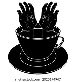 Two human hands with open palms emerging from a cup of coffee or tea. Funny beverage concept. Black and white negative silhouette.