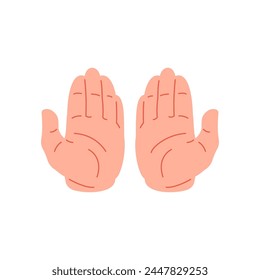 Two human hands with open palms praying asking help gesture icon vector flat illustration. Male cartoon arms taking giving help social support care belief charity and donation prayer gesturing