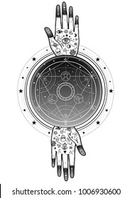 Two Human hands painted with magic symbols. Alchemical circle of transformations. Night star sky. Vector illustration isolated on a white background. Print, poster, t-shirt, card.