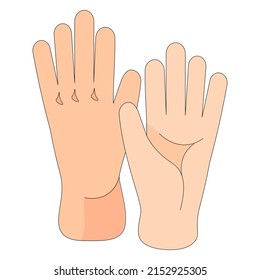 Two human hands, palm in color with black outlines, beige color, skin, vector graphics