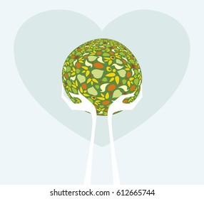 Two human hands peacefully holding Earth in heart-shaped background. Conscious global Our Planet saving concept.