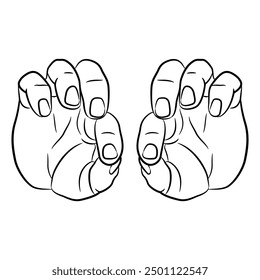 Two human hands in pinch gesture. Front view. Cartoon style. Black and white linear silhouette.