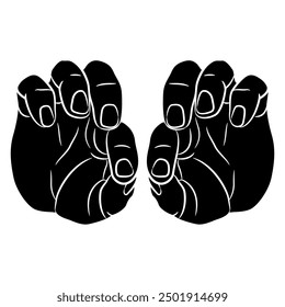 Two human hands in pinch gesture. Front view. Cartoon style. Black and white silhouette.