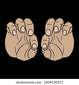 Two human hands in pinch gesture. Front view. Cartoon style. On black background.