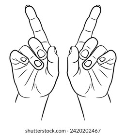 Two human hands with pointing up index fingers. Showing size or distance gesture. Black and white linear silhouette. Cartoon style.