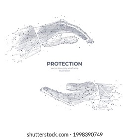 Two human hands protecting or holding something. Abstract vector arm, palm wireframe isolated in white. Protection hand gesture concept. Digital sketch drawing. Low poly wireframe with connected dots
