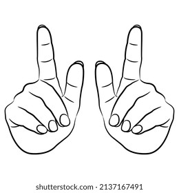 Two human hands with raised up index fingers showing size. Gesturing. Cartoon style. Black and white linear silhouette.