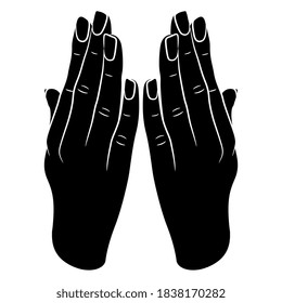 Dos manos humanas levantadas en la oración. Silueta blanca y negra. Estilo de caricatura.
