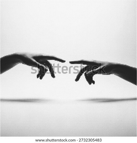 Two Human Hands Reaching for Connection in Retro Halftone Dot Pattern, Vintage Pop Art Style Graphic Inspired by The Creation of Adam for Unity, Help, and Partnership Concept