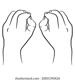 Zwei menschliche Hände. Entspannte erste Geste. Cartoon-Stil. Streichfingerns. Draufsicht. Schwarz-Weiß-Silhouette.