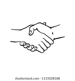 Two human hands shaking symbol in sketch style isolated on white background. Hand drawn black and white greeting or business deal concept with wrists in handshake gesture.