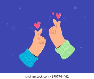 Two human hands showing korean love heart sign by fingers. Flat vector illustration for Valentine's Day poster or greeting card. Korean finger heart isolated on blue background with flying hearts